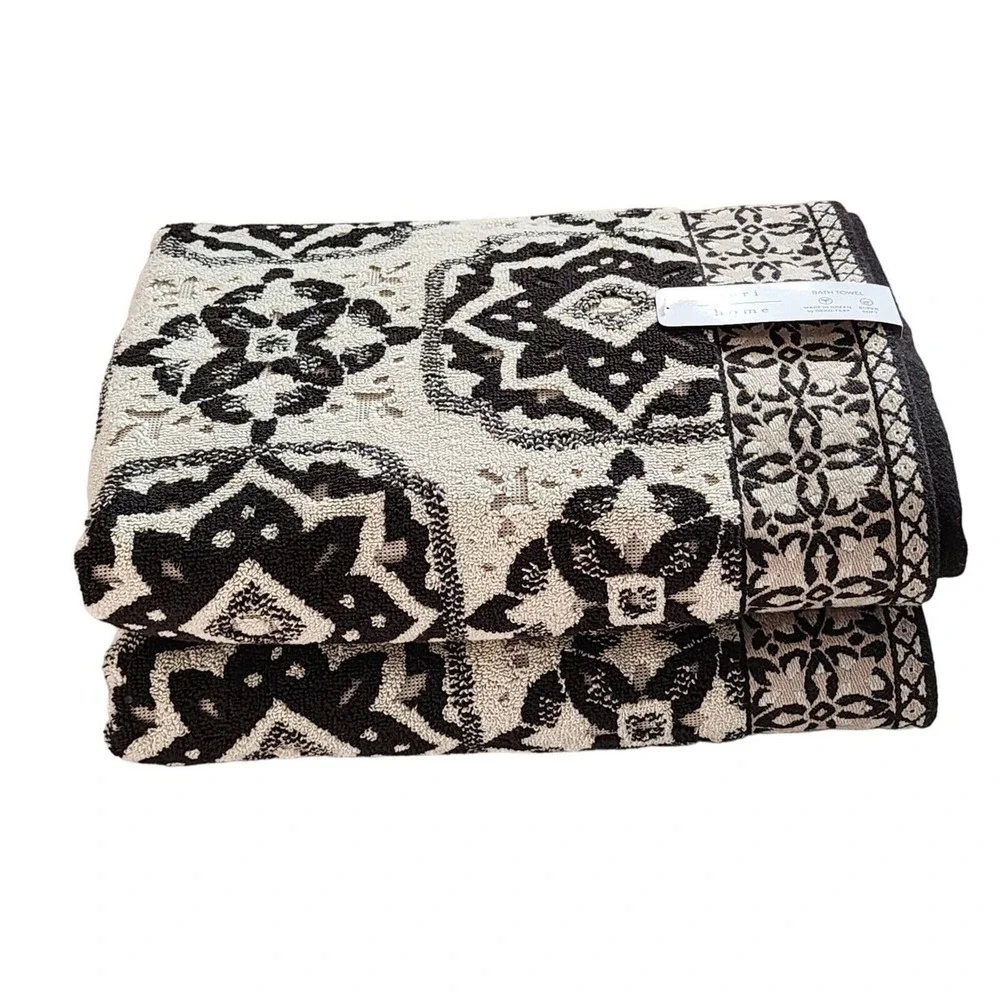 Peri Home Moroccan Tiles 6pc Cotton Towels Black Beige Set 2 Bath 2 Hand 2 Tip